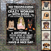 Warning Metal Yard Sign, Gifts For Dog Lovers, No Trespassing Property Patrolled By A Crazy Woman With Dogs