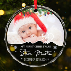 Custom Photo My First Christmas - Family Personalized Custom Circle Glass Ornament - Christmas Gift For Baby Kids, Newborn Baby
