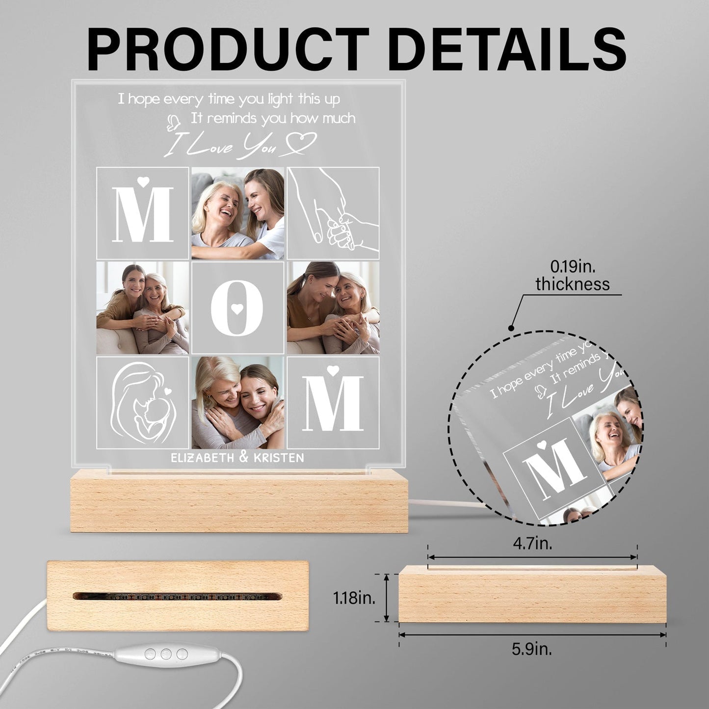 Custom Photo Mom We Hope Every Time You Light This Up - Gift For Mother - Personalized 3D Led Light Wooden Base