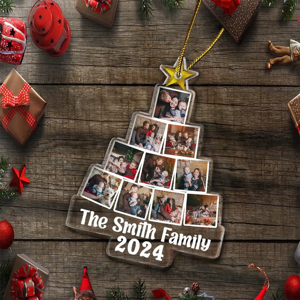 Christmas Tree Photo Family Name - Personalized Custom Shaped Acrylic Ornament